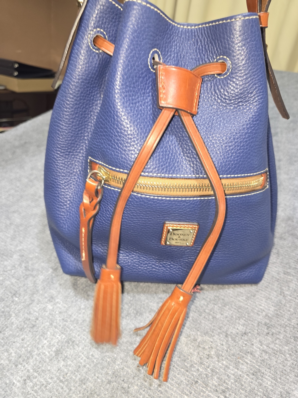 Dooney & Bourke Dillen II Navy Blue Pebbled Leather Drawstring Bucket Bag - Picture 2 of 14